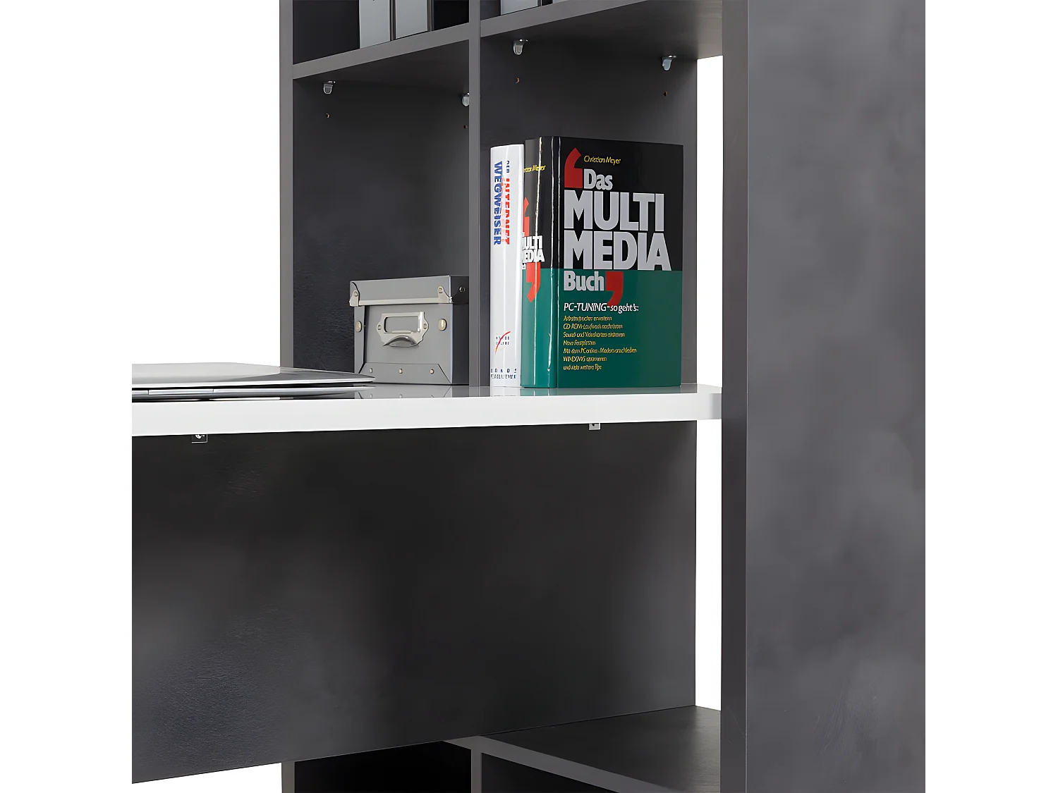 Bureau 8 rangement finition béton foncé texturé et blanc laqué - NICO