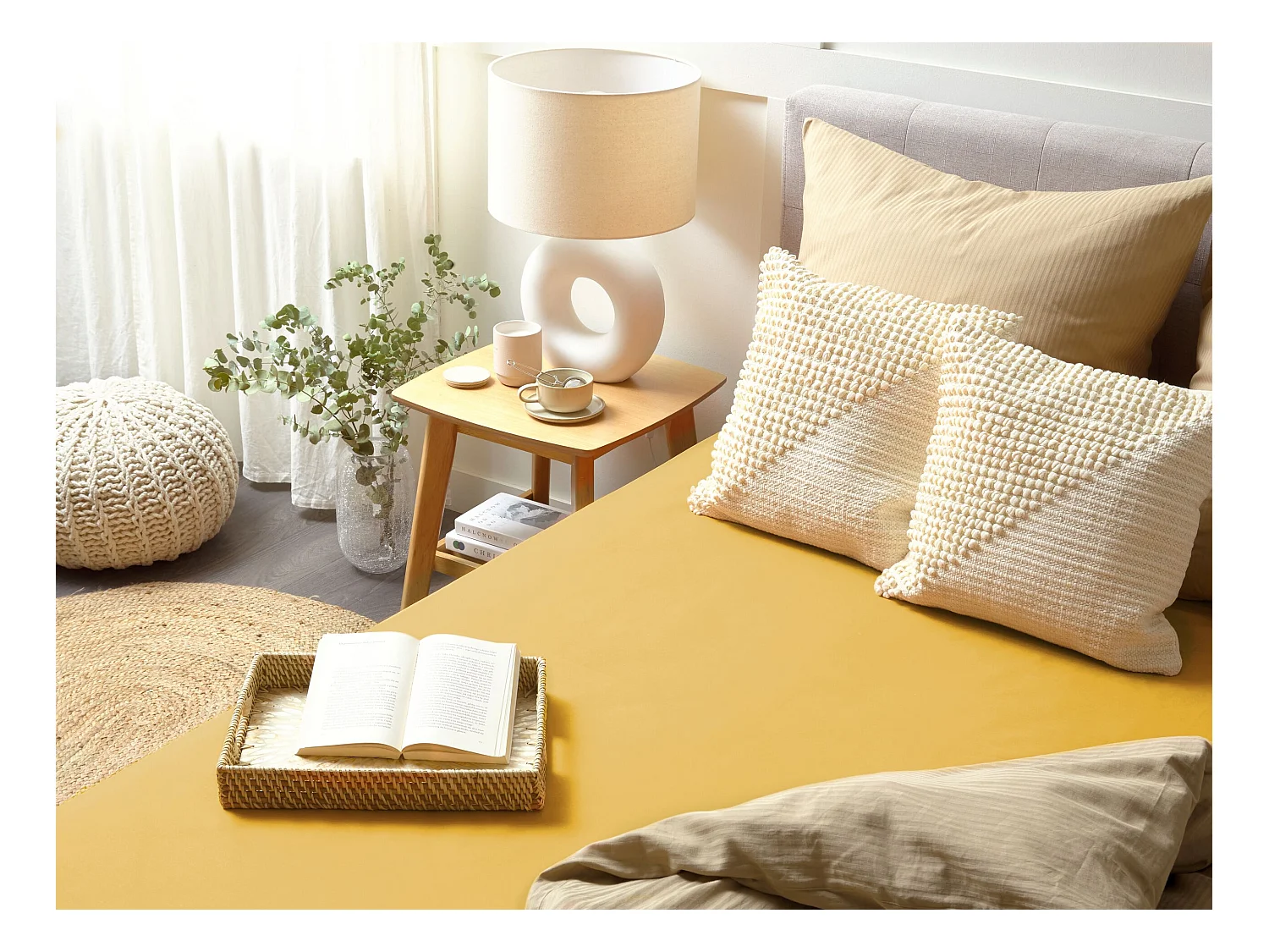 Drap housse JANBU Coton 160 x 200 cm Moutarde