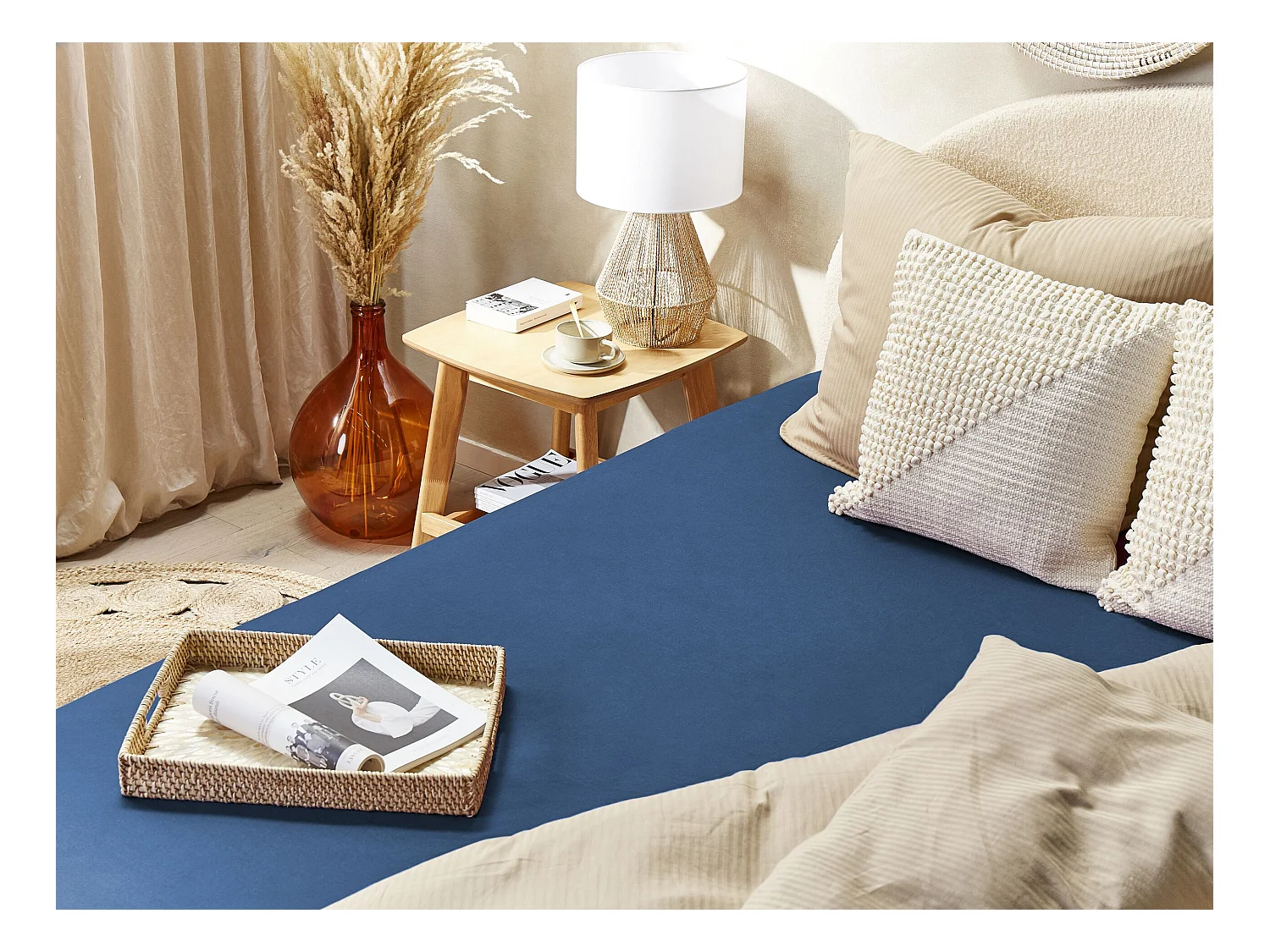 Drap housse JANBU Coton 90 x 200 cm Bleu marine
