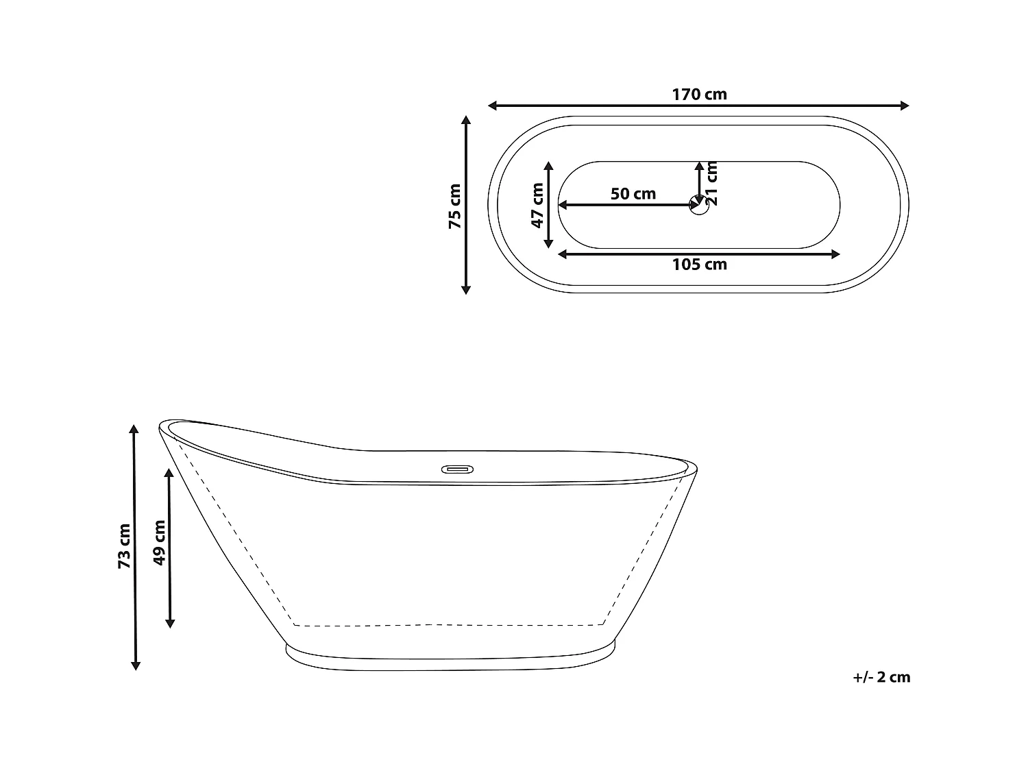 Freistehende Badewanne aus Acryl weiß matt 170 x 75 cm oval modern Londrina