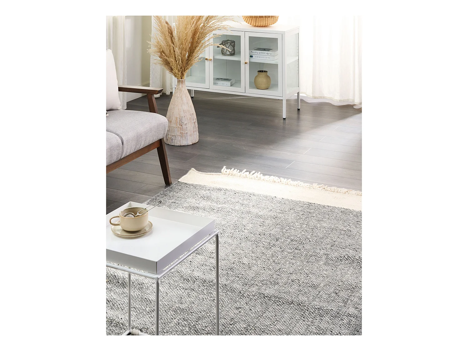 Teppich Wolle / Baumwolle grau 160 x 230 cm mit Fransen weiß handgewebt Tatlisu