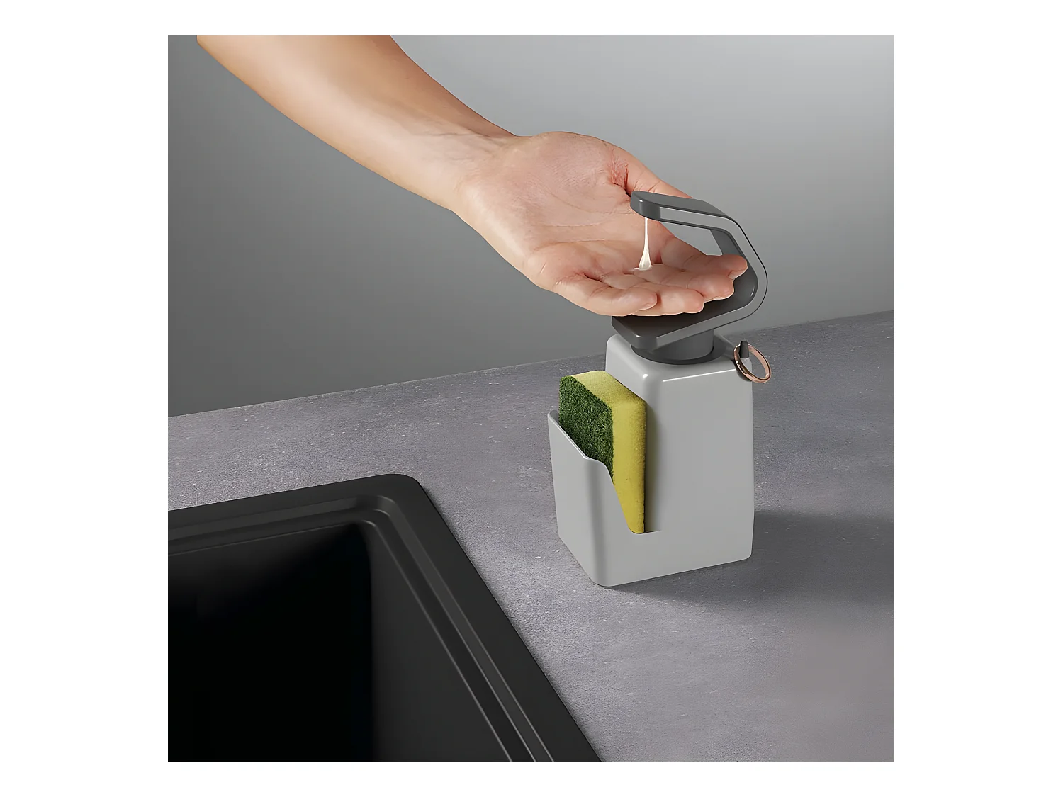 Dozownik mydła Soap Tex z uchwytem na gąbkę i pierścieniami - Szary