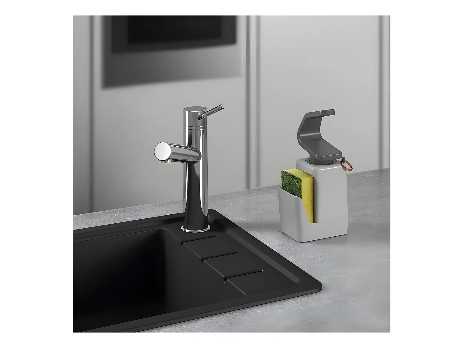 Dozownik mydła Soap Tex z uchwytem na gąbkę i pierścieniami - Szary