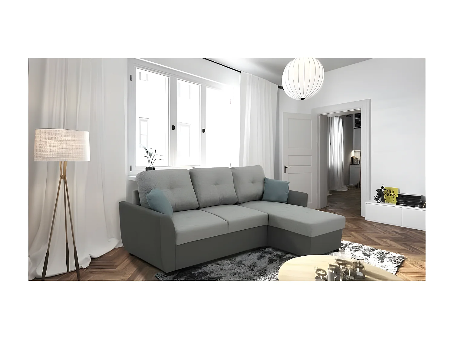 Canapé d'angle convertible réversible 5 places FOLK - Tissu Malmo anthracite - Coffre - L 222 x P 144 x H 89 cm