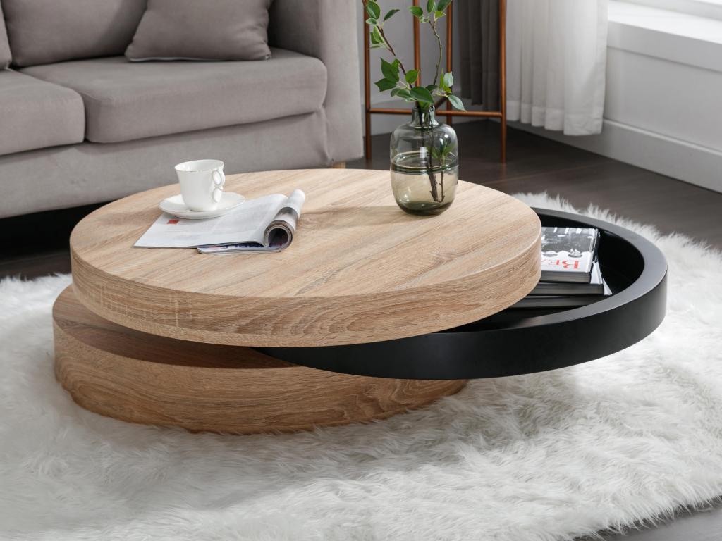 Couchtisch rund - drehbar - 1 Ablagefach - MDF - Schwarz & Holzfarben hell günstig online kaufen