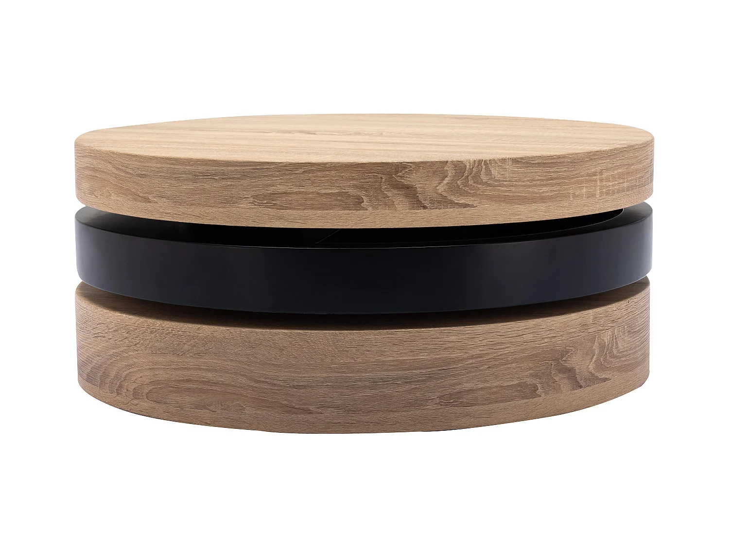 Mesa de centro redonda giratoria con 1 estante de MDF - Negro y natural claro - JANITA