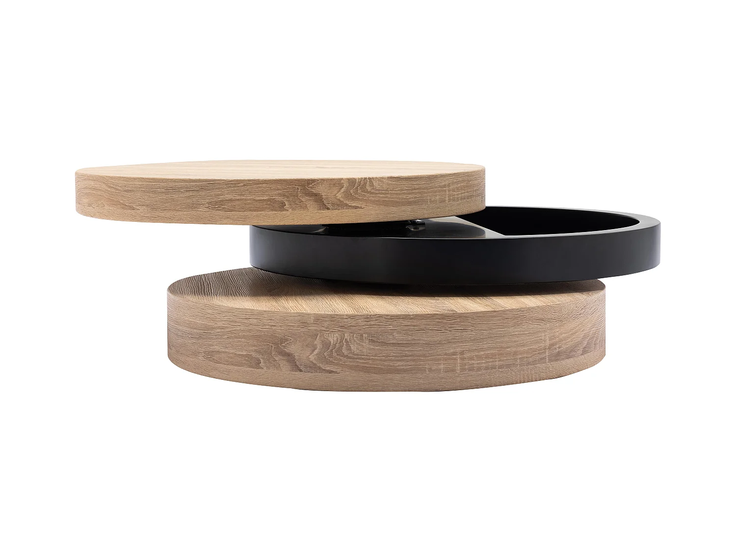Mesa de centro redonda giratoria con 1 estante de MDF - Negro y natural claro - JANITA