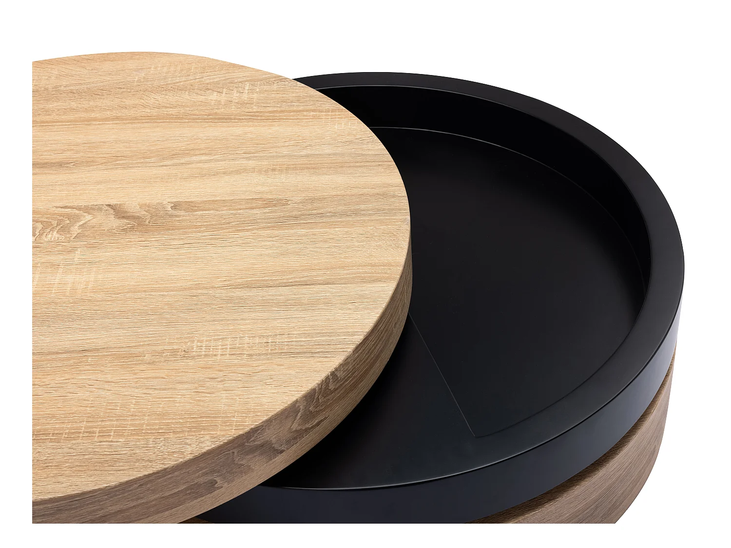 Mesa de centro redonda giratoria con 1 estante de MDF - Negro y natural claro - JANITA