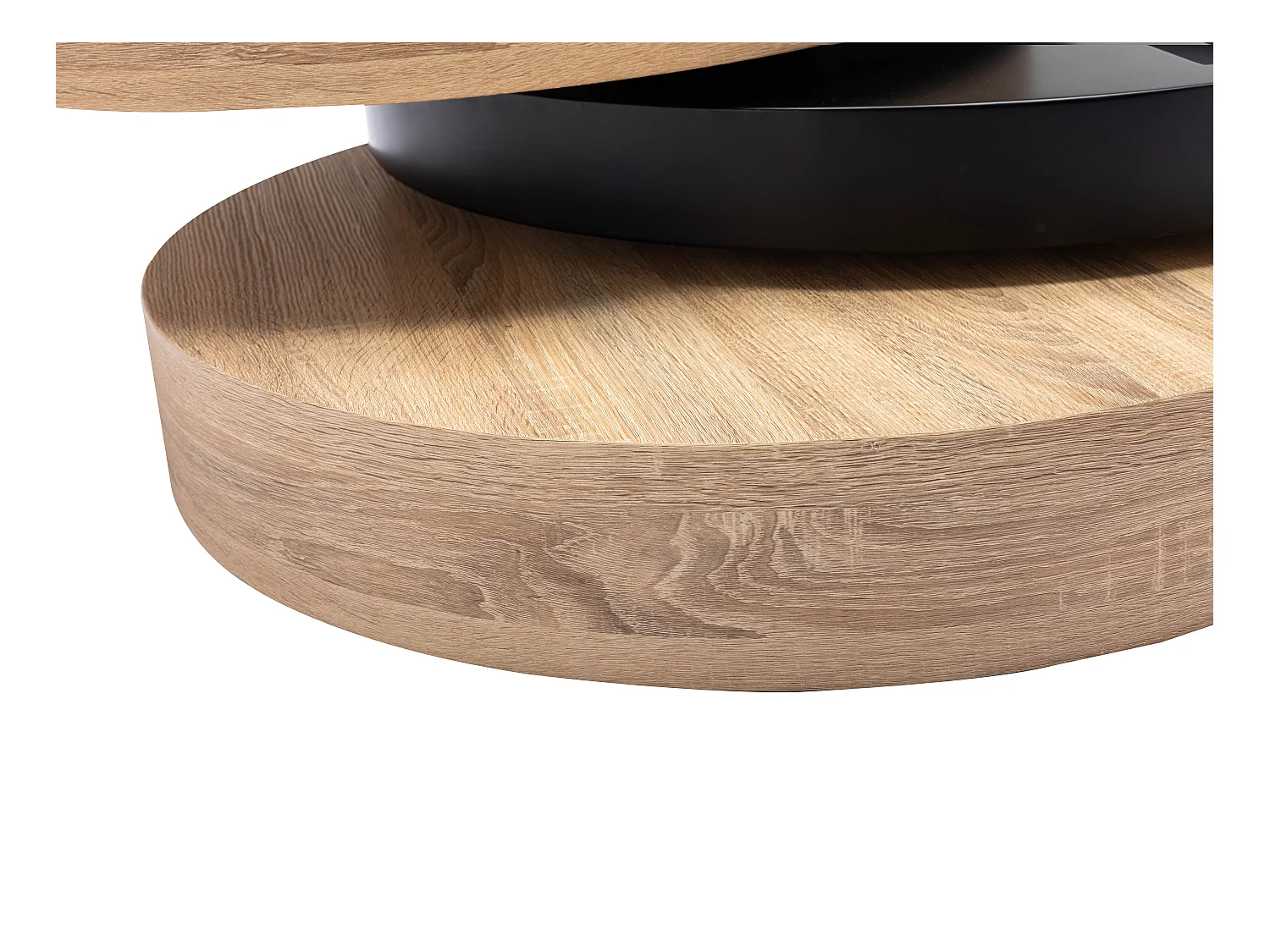 Mesa de centro redonda giratoria con 1 estante de MDF - Negro y natural claro - JANITA