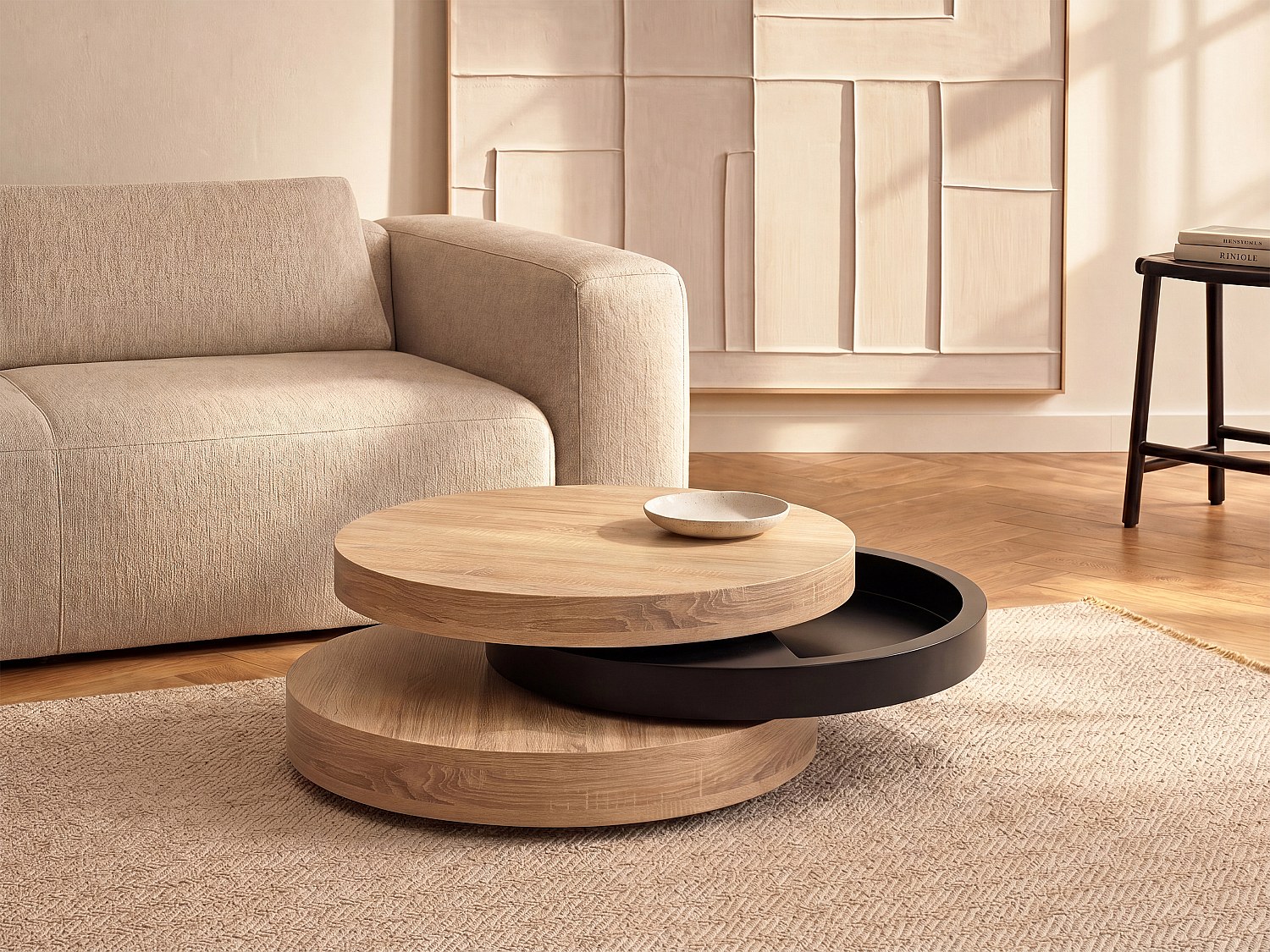 Vente-unique Couchtisch rund - drehbar - 1 Ablagefach - MDF - Schwarz & Holzfarben hell - JANITA 3319061