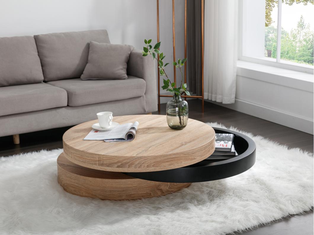 Table basse pivotante ronde avec 1 niche en MDF - Noir et naturel clair - JANITA