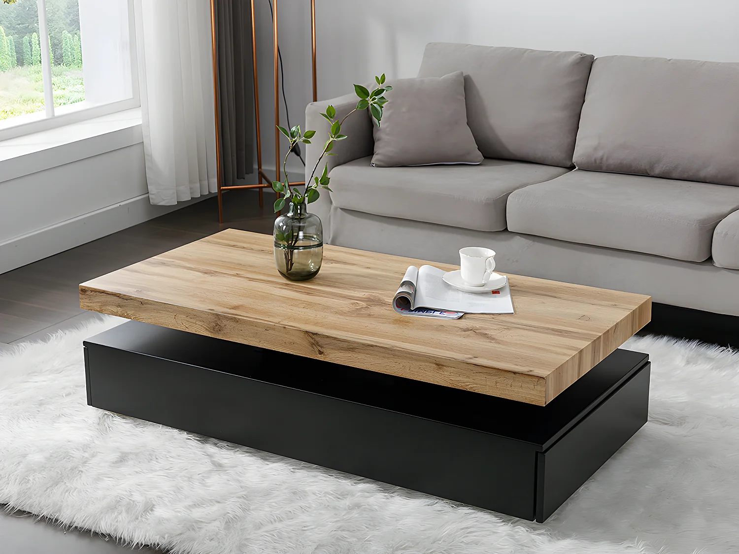 Table basse avec 2 tiroirs en MDF - Noir et naturel clair - FELIX