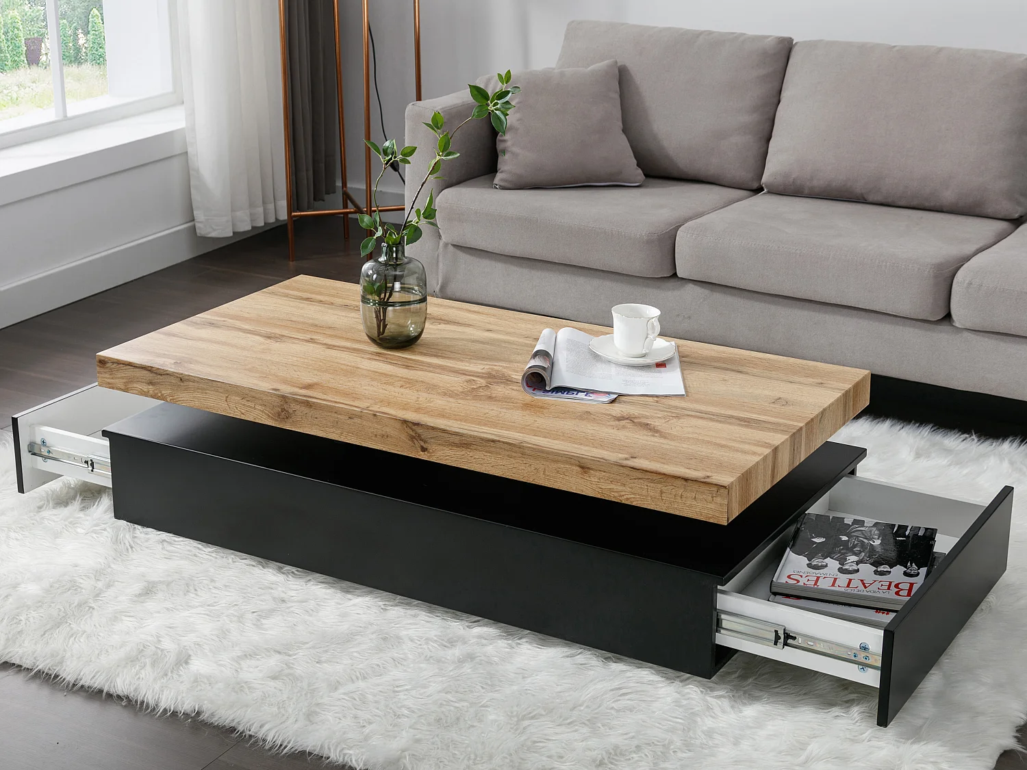 Table basse avec 2 tiroirs en MDF - Noir et naturel clair - FELIX