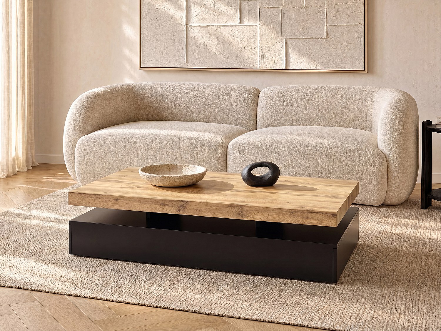 Vente-unique Couchtisch mit 2 Schubladen - MDF - Schwarz & Holzfarben hell - FELIX 3430041