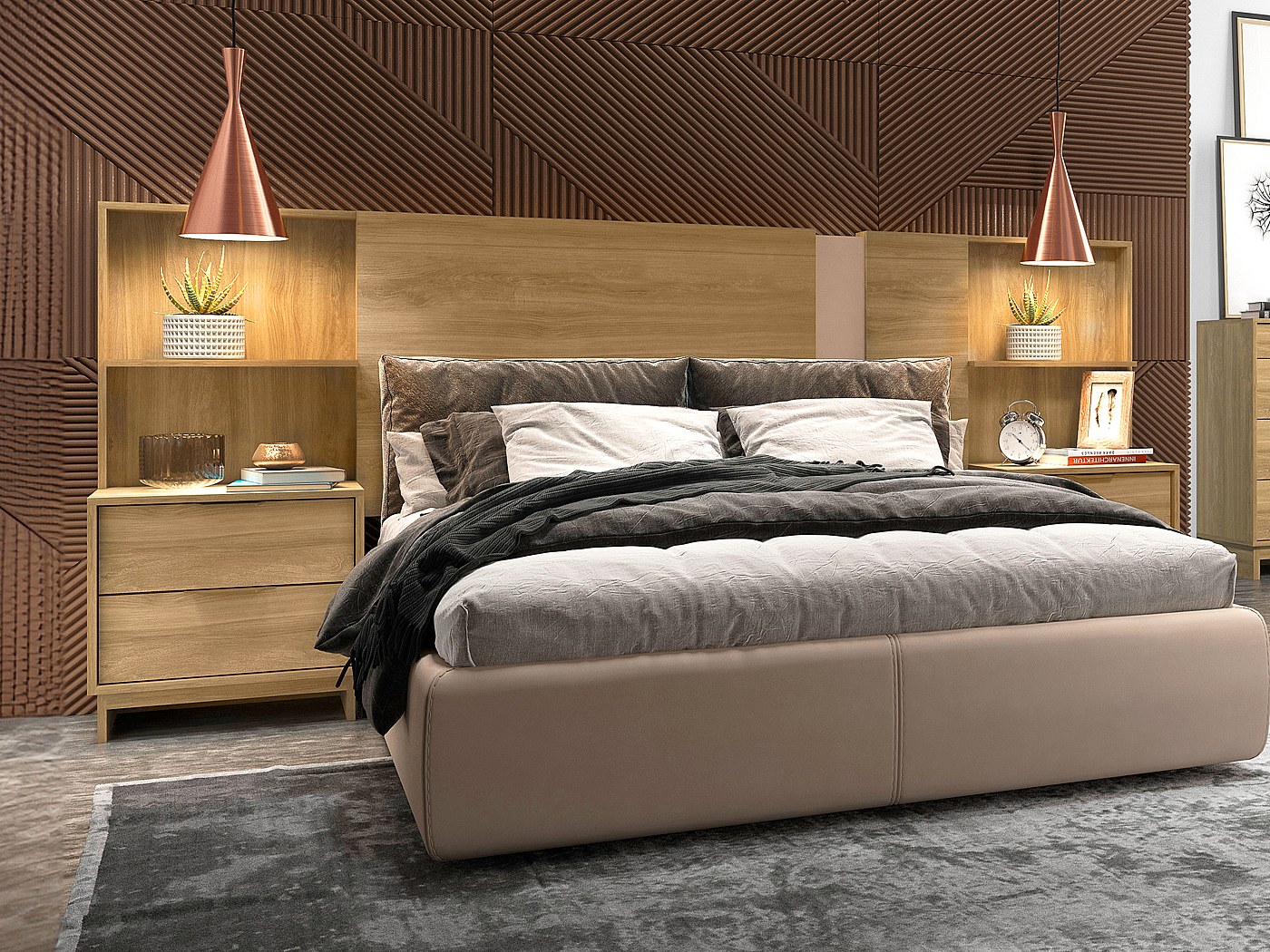 Tête de lit extensible avec chevets et rangements 140/160 cm en naturel