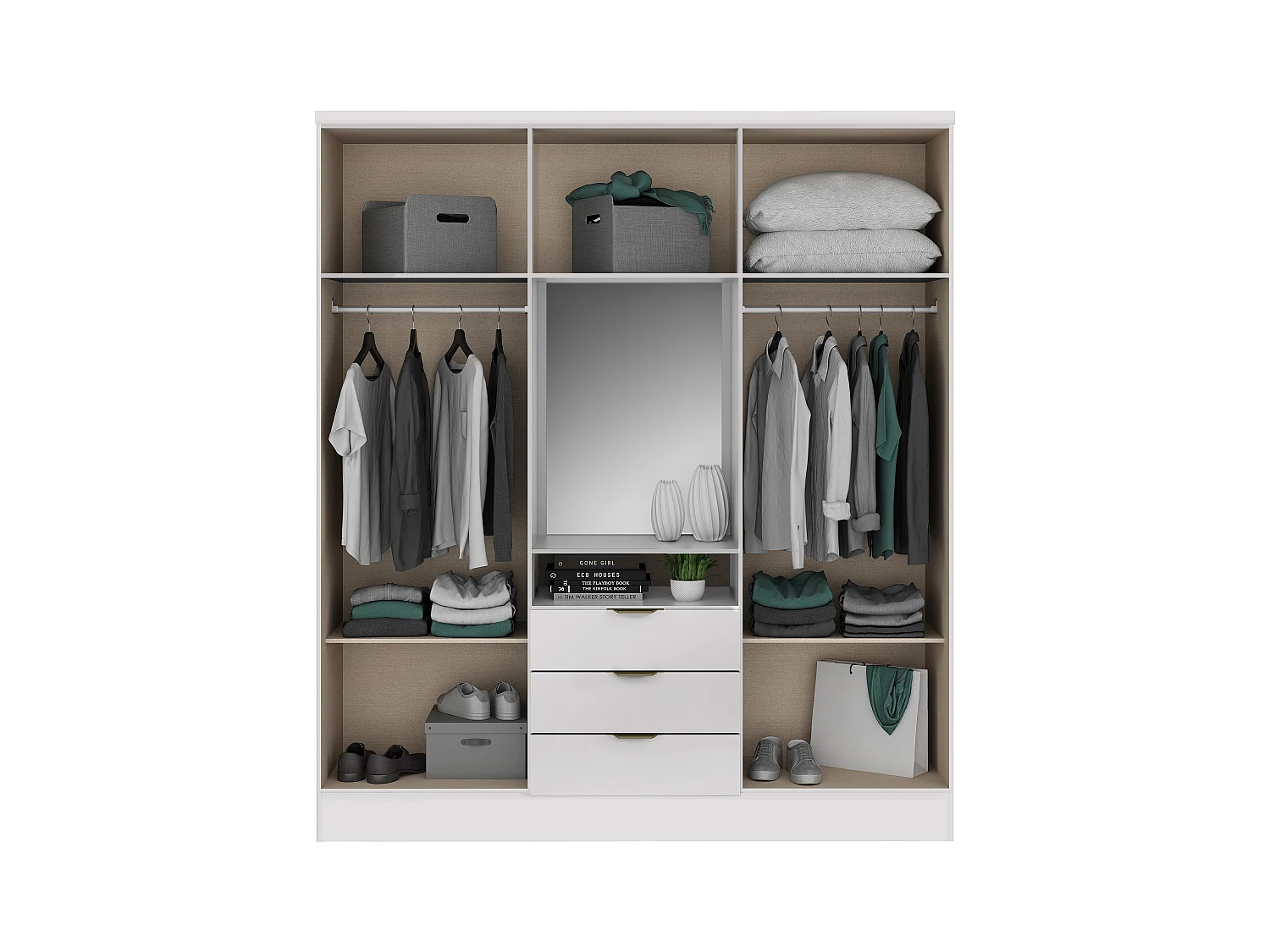 Armario 6 puertas y 3 cajones - Con espejo - 180 cm de ancho - Color: blanco - ELORIO