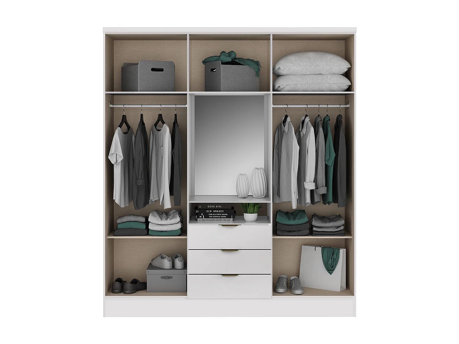 Armadio 6 ante e 3 cassetti + Specchio L180 cm Bianco - ELORIO