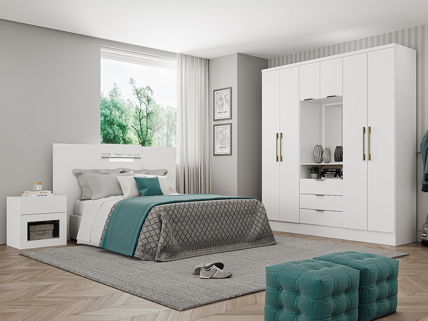 Vente-unique Kleiderschrank Mit 6 Türen & 3 Schubladen + Spiegel - 180 Cm - Weiß - Elorio