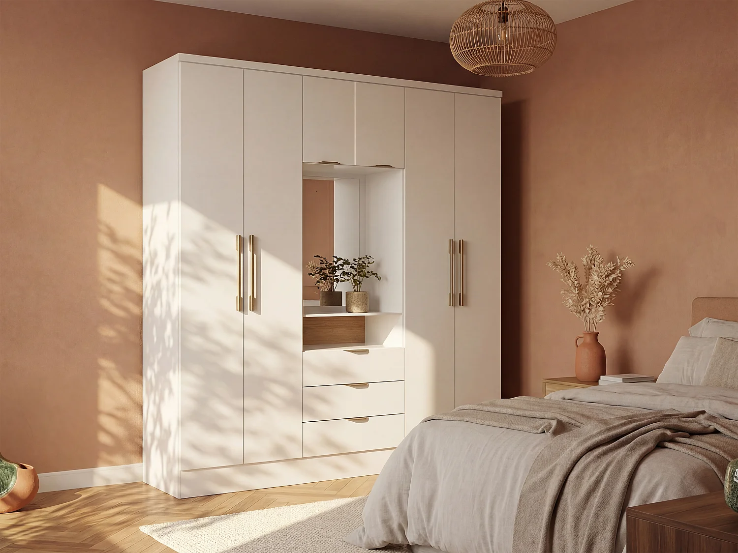 Wardrobe with 6 doors and 3 drawers - With mirror - L180 cm - Colour: White - ELORIO