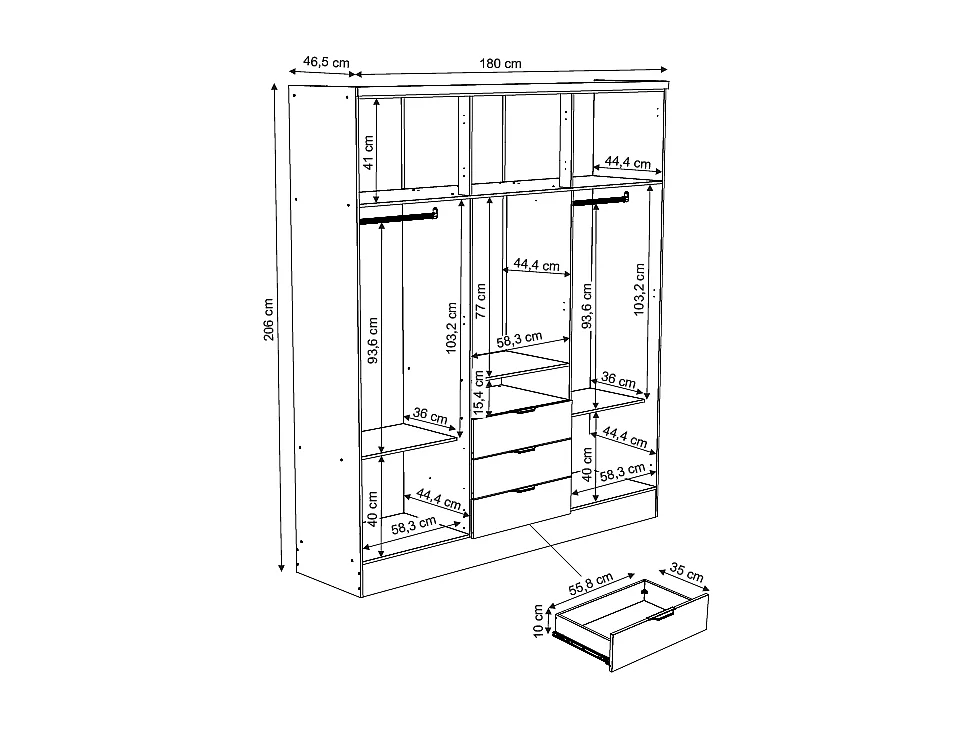 Armadio 6 ante e 3 cassetti + Specchio L180 cm Bianco - ELORIO
