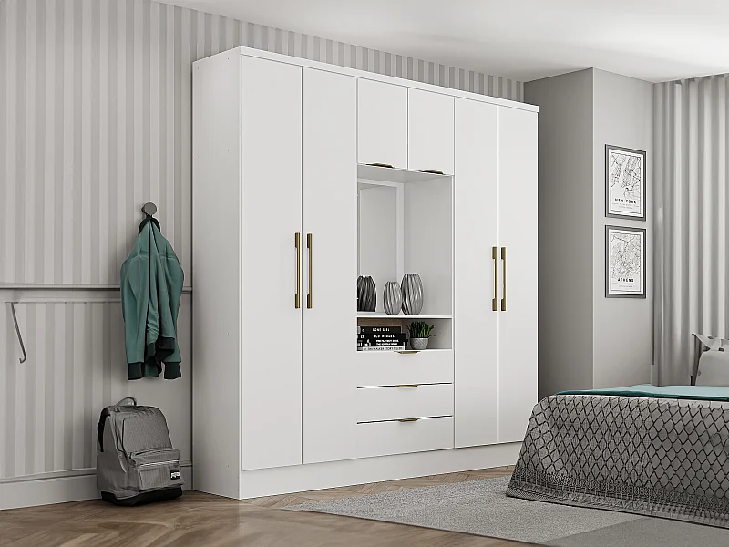 Armadio 6 ante e 3 cassetti + Specchio L180 cm Bianco - ELORIO