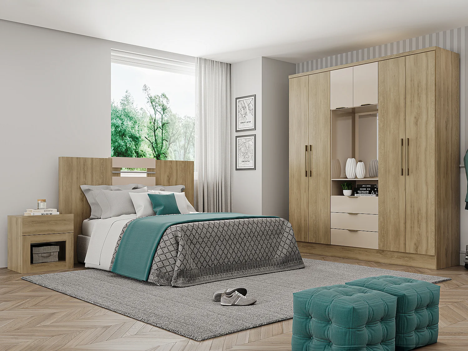 Armoire 6 portes et 3 tiroirs - Avec miroir - L180 cm - Coloris : Naturel et beige - ELORIO