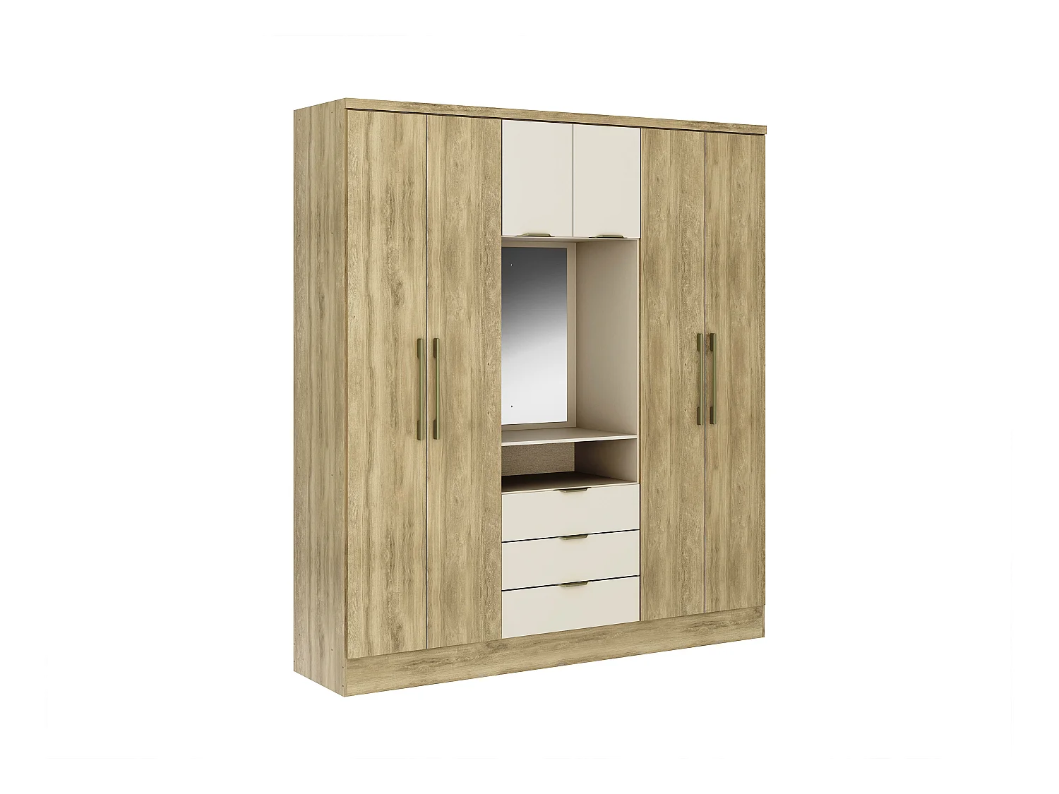 Armario 6 puertas y 3 cajones - Con espejo - 180 cm de ancho - Color: natural y beige - ELORIO