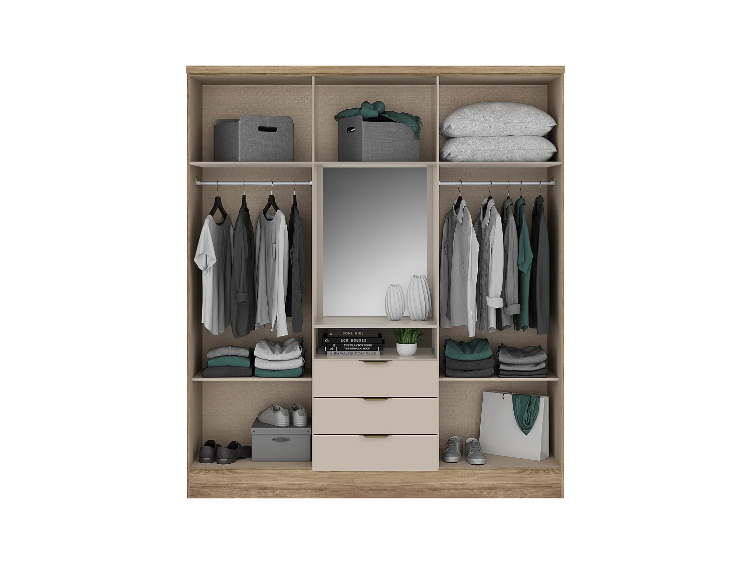 Armario 6 puertas y 3 cajones - Con espejo - 180 cm de ancho - Color: natural y beige - ELORIO