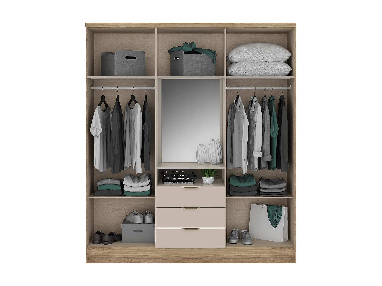 Kleiderschrank mit 6 Türen & 3 Schubladen + Spiegel - 180 cm - Holzfarben & Beige - ELORIO