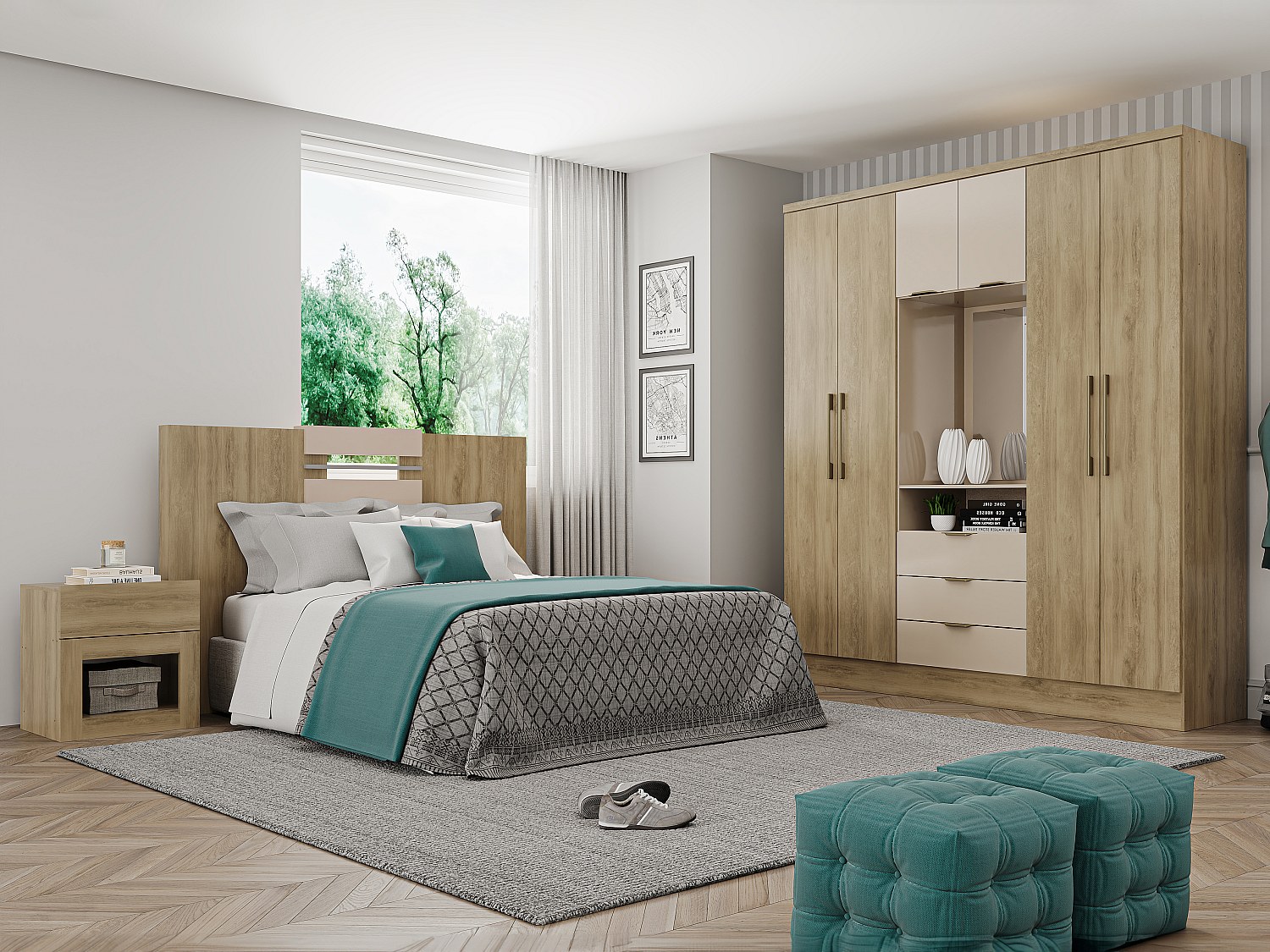 Vente-unique Kleiderschrank Mit 6 Türen & 3 Schubladen + Spiegel - 180 Cm - Holzfarben & Beige - Elorio