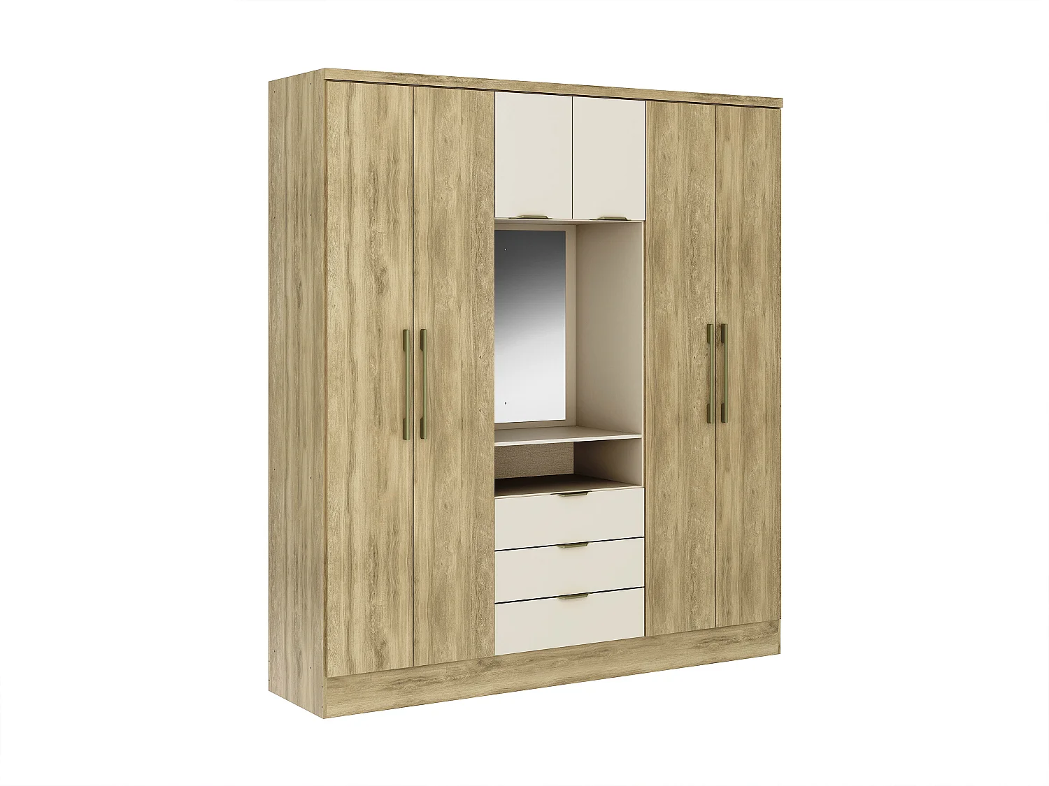Kleiderschrank mit 6 Türen & 3 Schubladen + Spiegel - 180 cm - Holzfarben & Beige - ELORIO