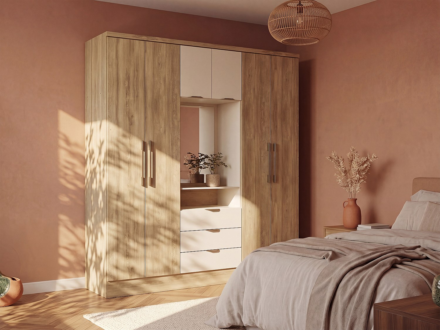 Kleiderschrank mit 6 Türen & 3 Schubladen + Spiegel - 180 cm - Holzfarben & Beige - ELORIO