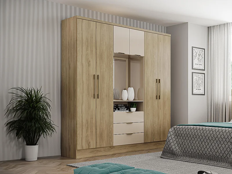 Armoire 6 portes et 3 tiroirs - Avec miroir - L180 cm - Coloris : Naturel et beige - ELORIO