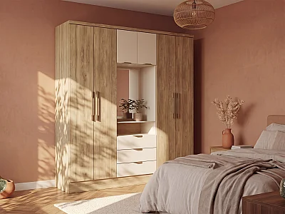 Armoire 6 portes et 3 tiroirs - Avec miroir - L180 cm - Coloris : Naturel et beige - ELORIO