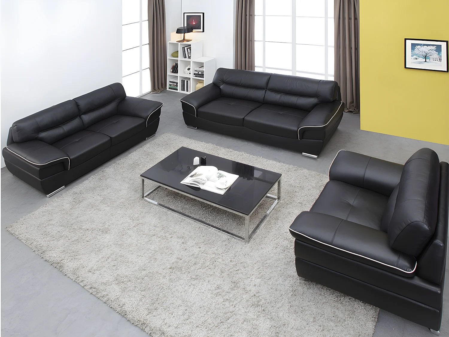 Sofá 3+2+1 plazas de piel THIBAULT - Negro