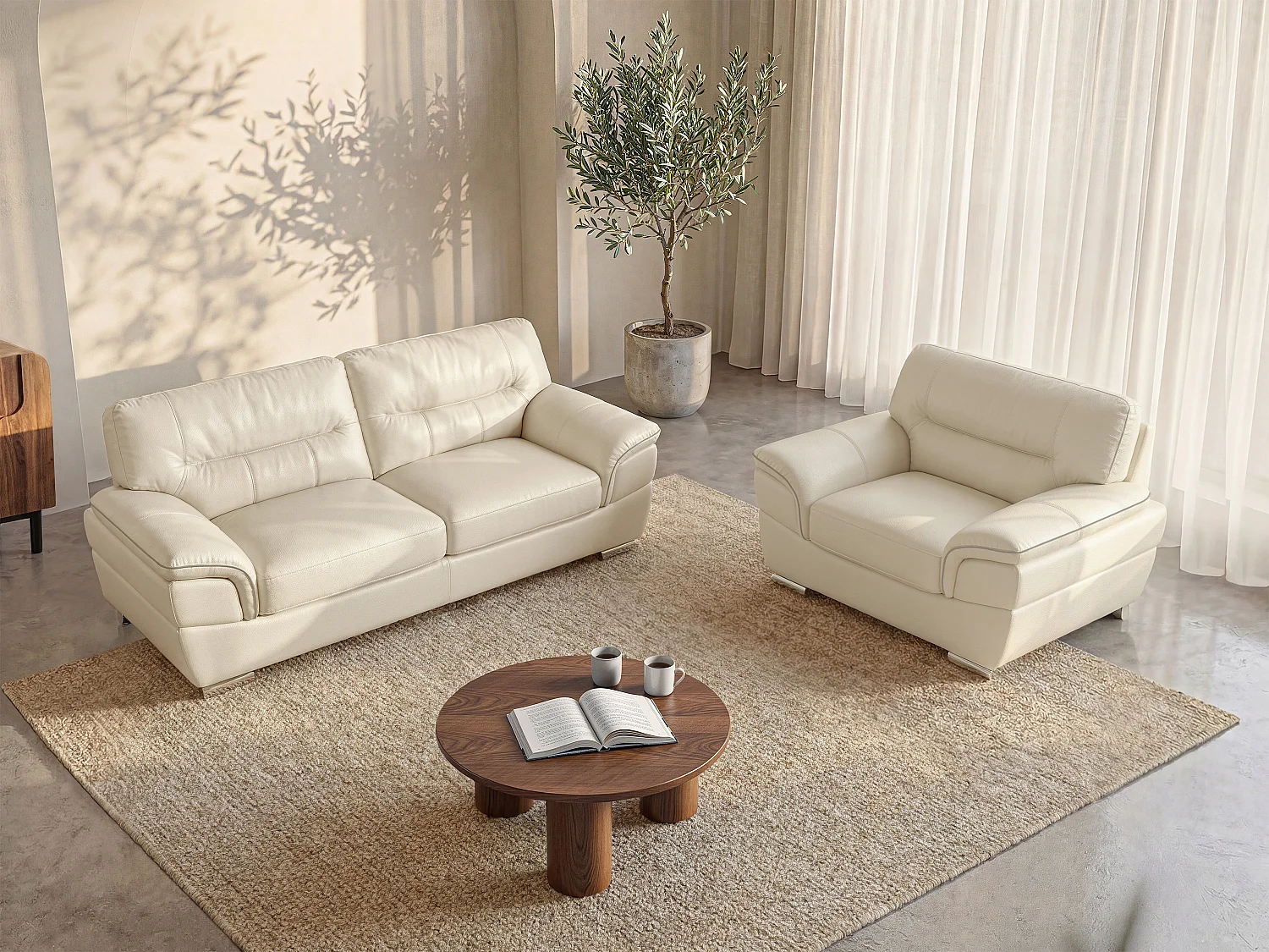3-seters sofa og lenestol i THIBAULT-skinn - Elfenben