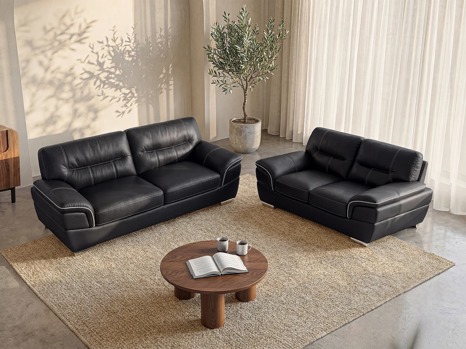 3- og 2-seters sofa i svart skinn THIBAULT