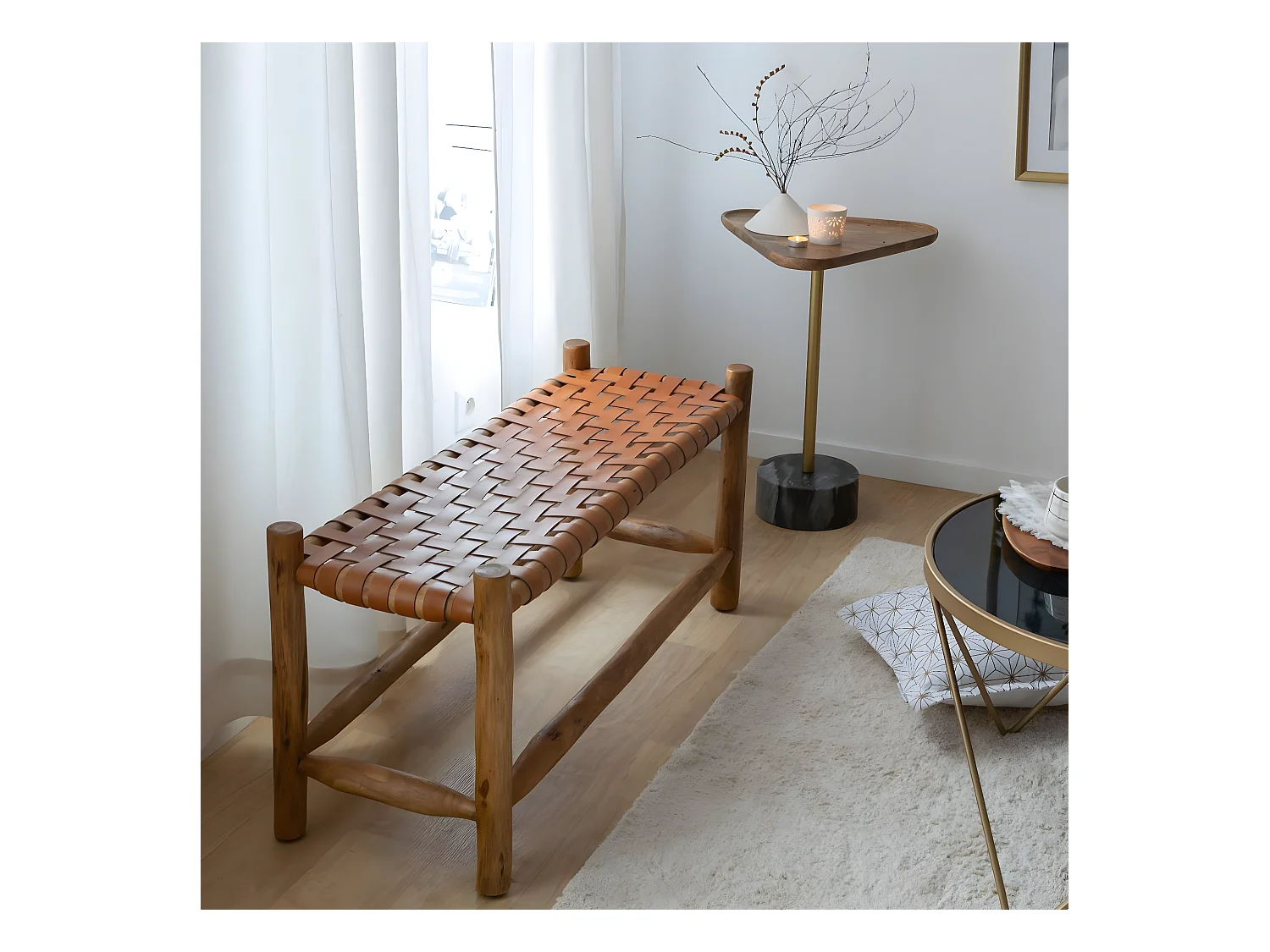 Banc en cuir marron et en bois Zoé