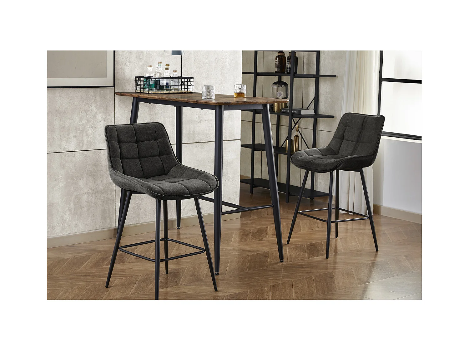 GRANT-Sedia da bar in tessuto grigio e metallo nero (x2)