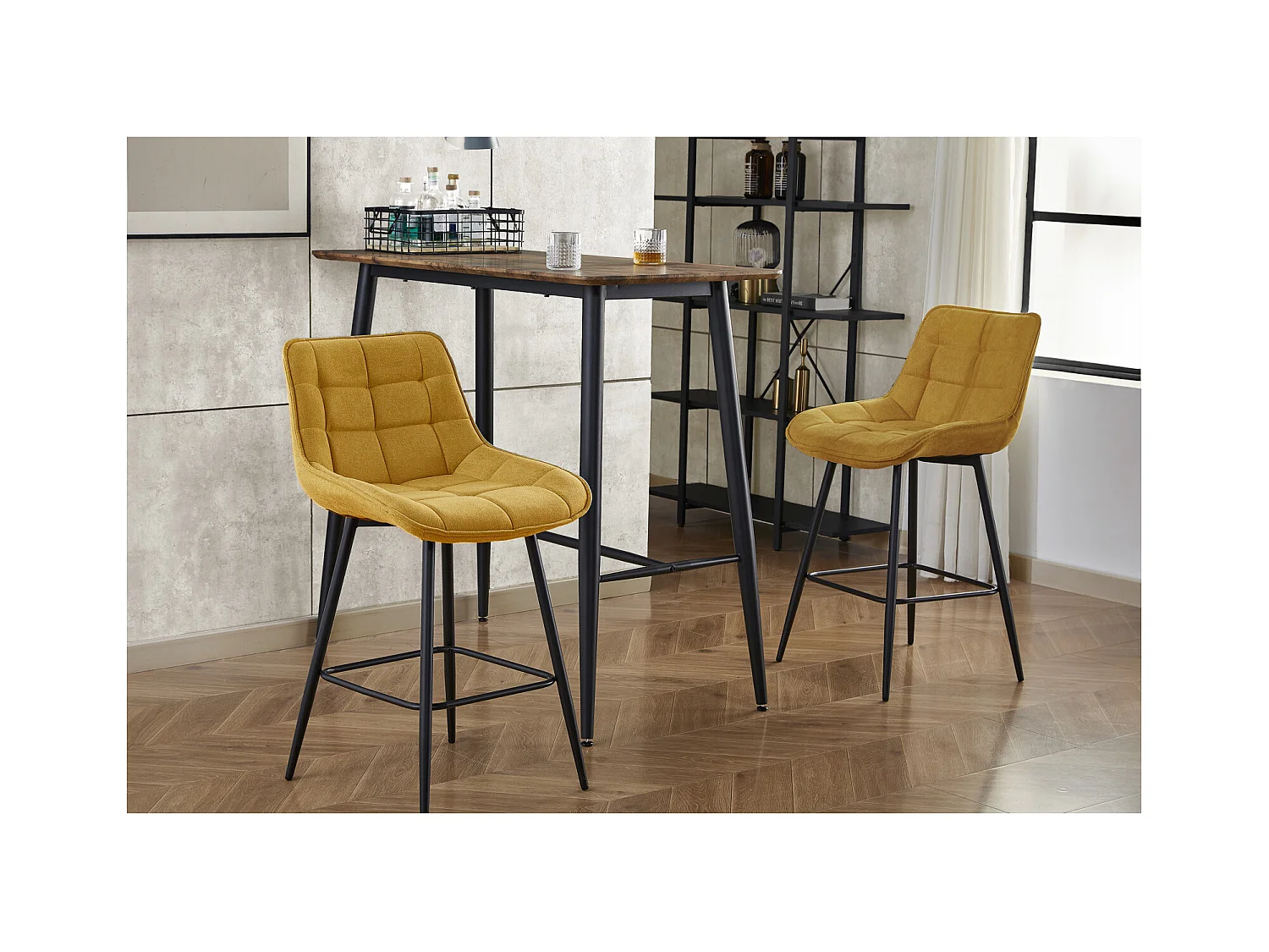 GRANT-Sedia da bar in tessuto senape e metallo nero (x2)