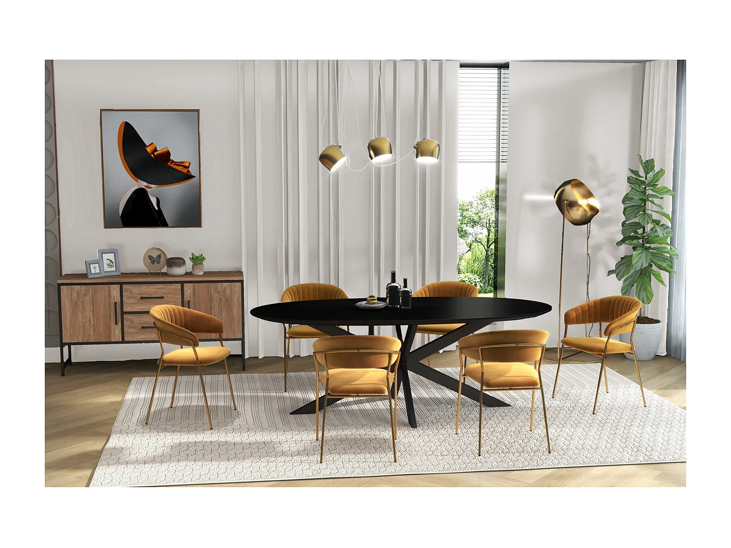 HUGO-Sedia con braccioli in velluto senape e  dorato (x2)