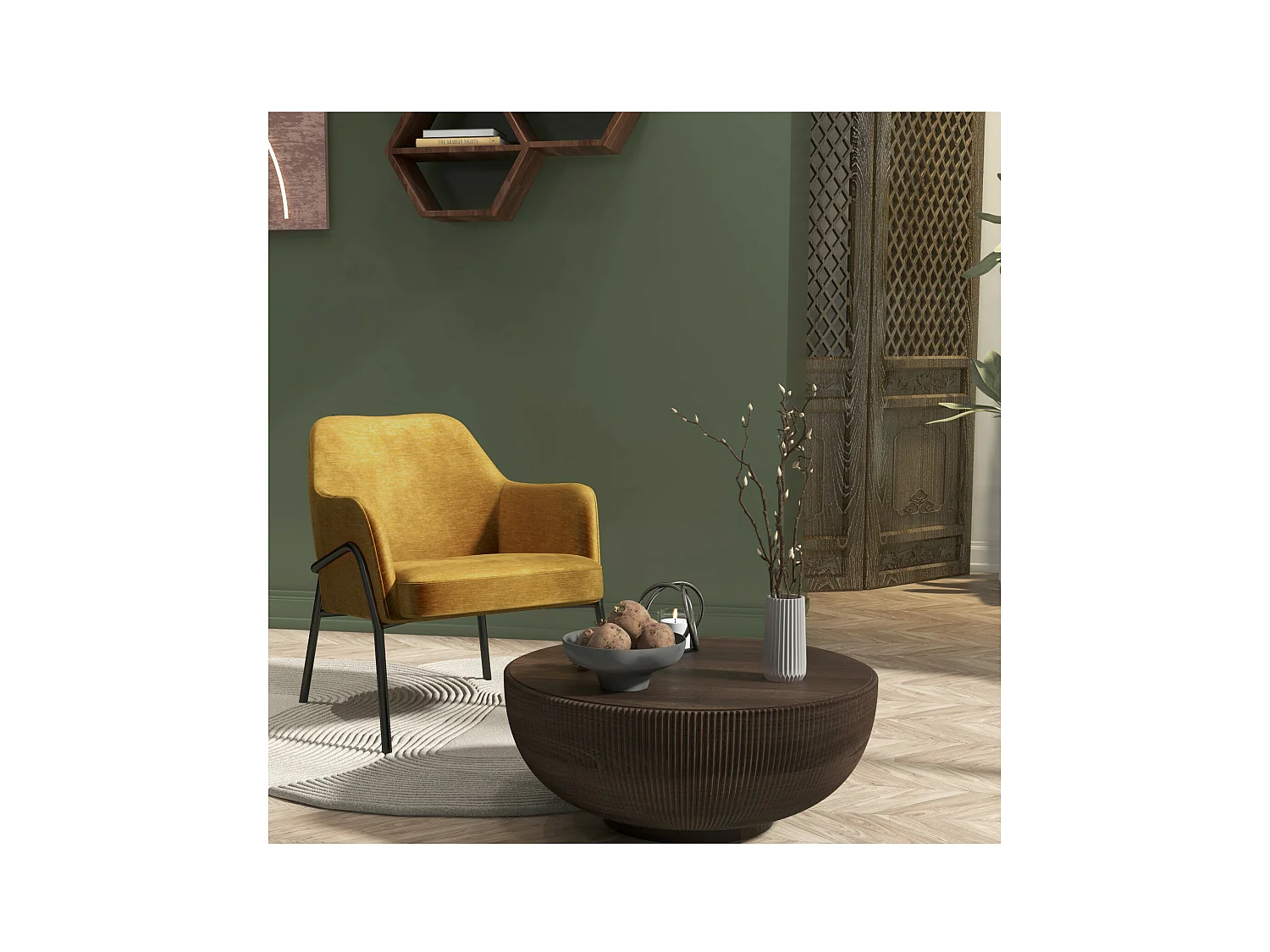 LAYTON-Sillón lounge, Tela  mostaza y metal negro mate