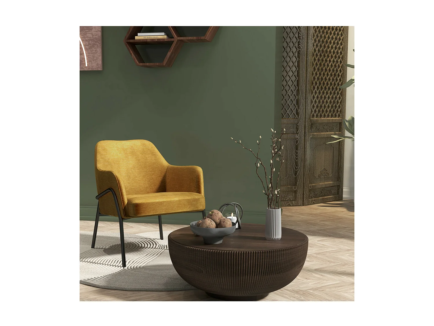 LAYTON-Fauteuil lounge en velours Retro Moutarde