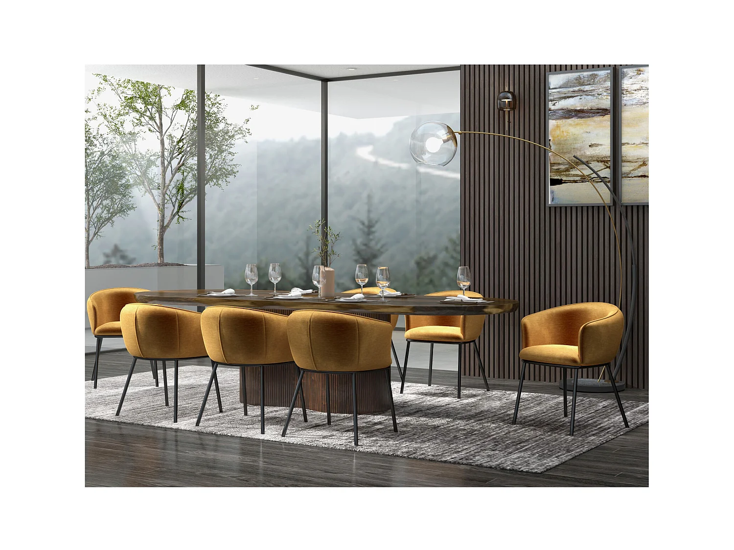 ALVIN-Silla de mesa de tela mostaza y metal negro