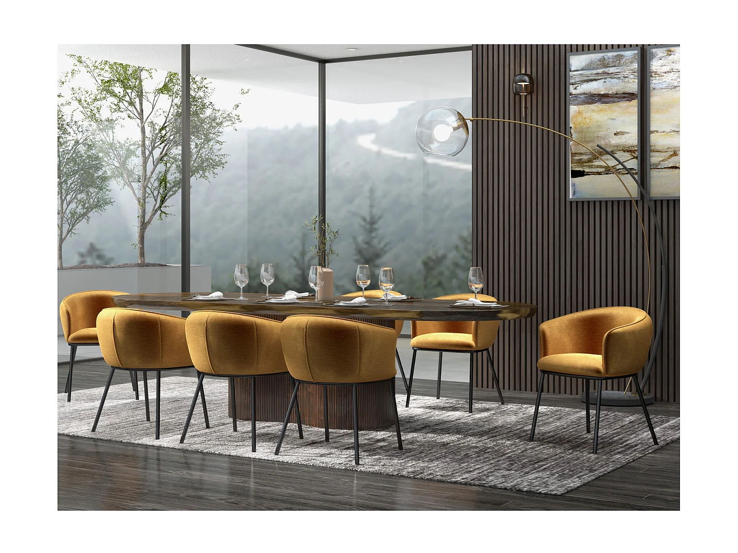 ALVIN-Fauteuil de table en velours Rétro Moutarde