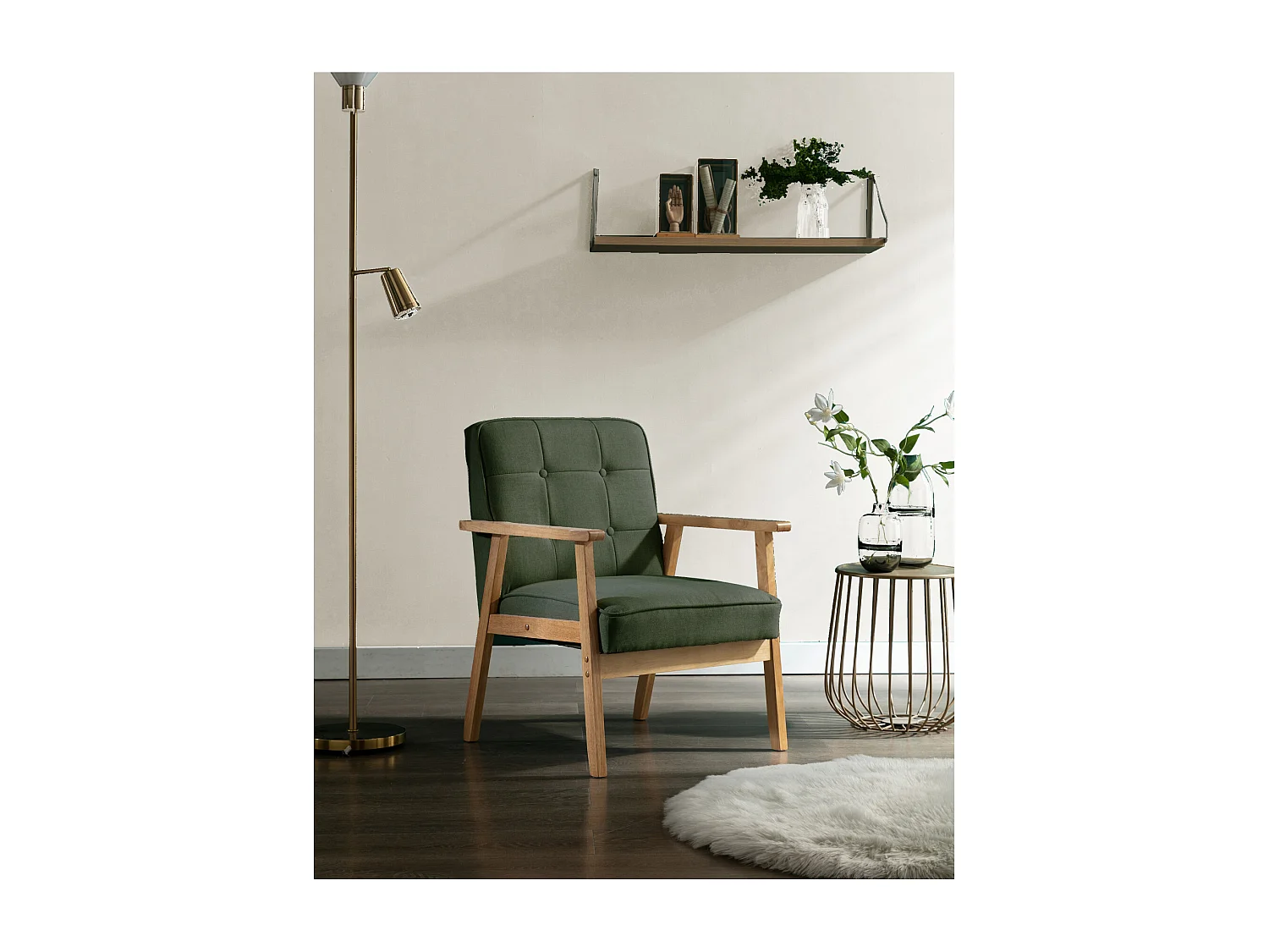 DOUGLAS - Fauteuil lounge en tissu Sauge et bois massif