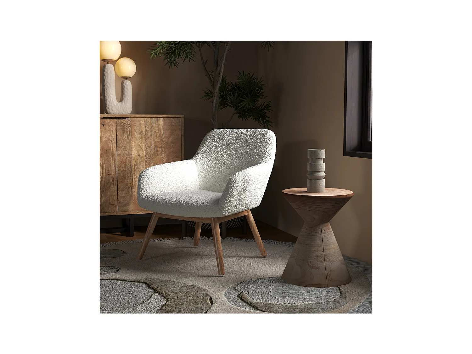 MALMO, Fauteuil en bois naturel et tissu bouclé écru