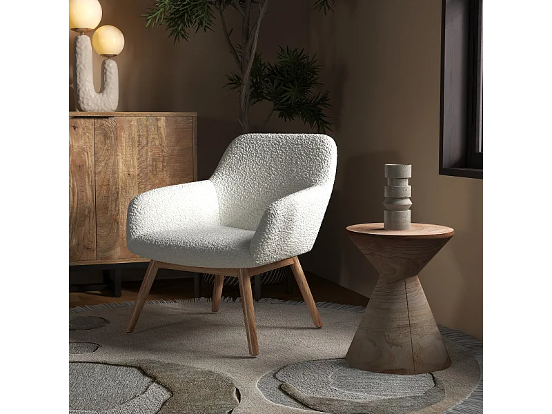 MALMO-Poltrona in legno naturale e tessuto bouclé écru