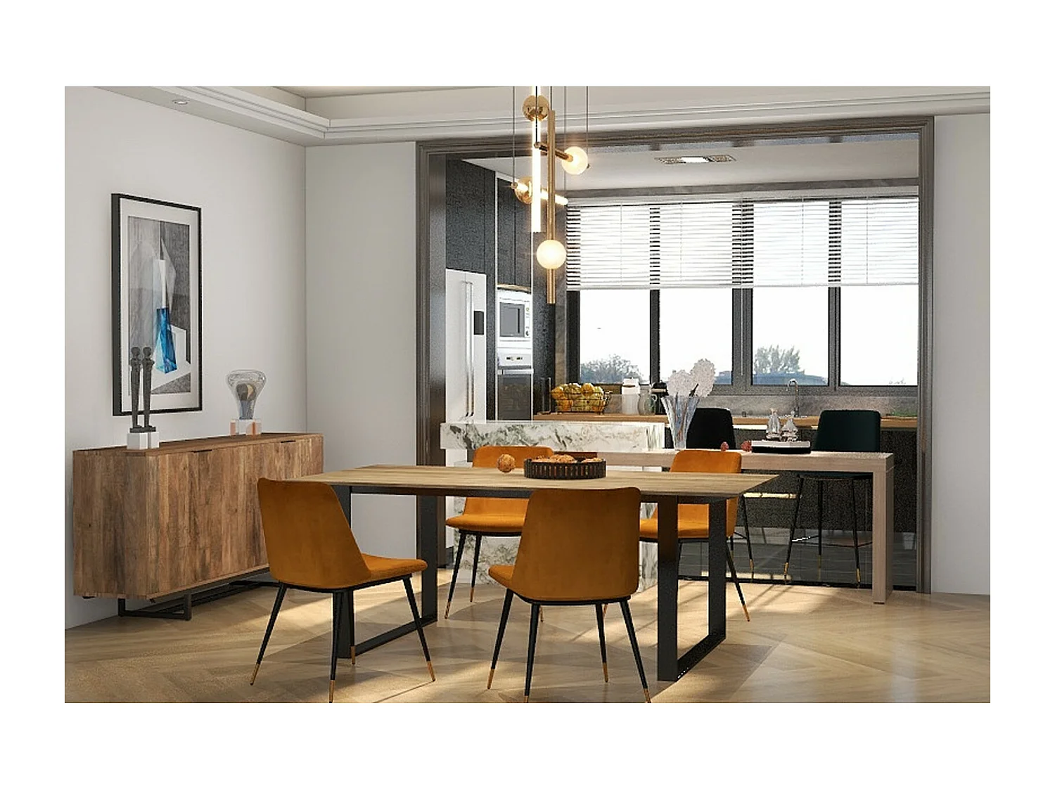 ENZO-Sedia in velluto senape, metallo nero opaco e oro (x2)