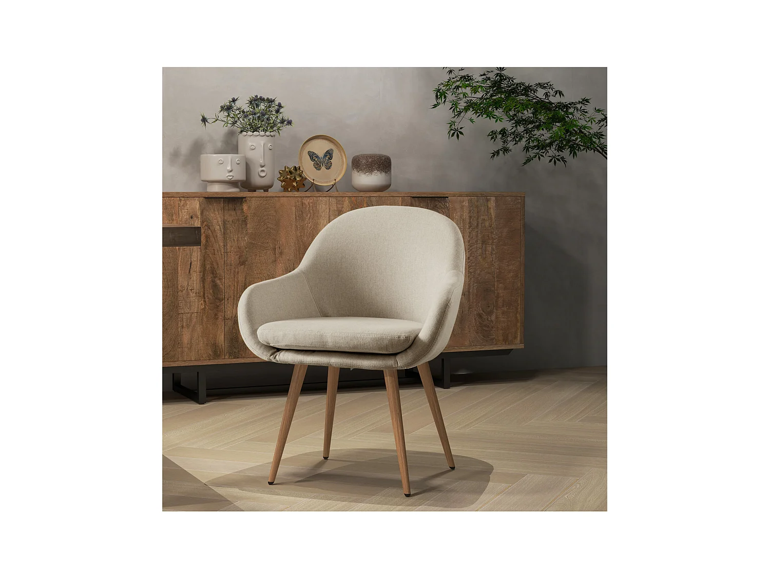 CANCUN-Silla tela lino con patas de metal efecto madera (x2)